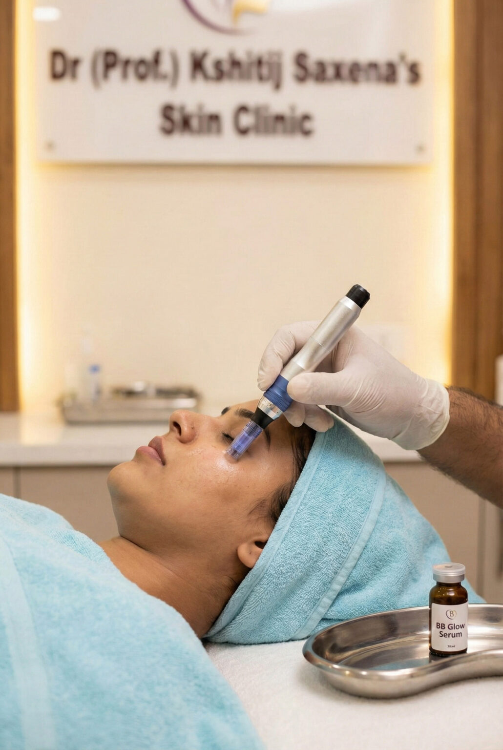 Vertical view of BB Glow treatment in progress at Dr (Prof.) Kshitij Saxena's Skin Clinic, showing a doctor performing microneedling facial rejuvenation on a patient.