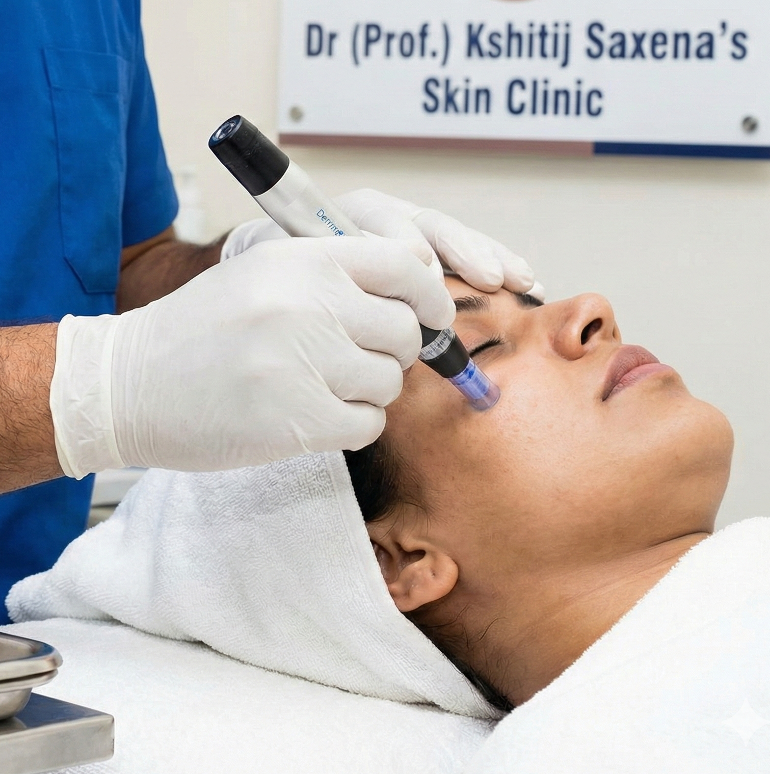 dr kshitij saxena performing bb glow treatment on a female patient