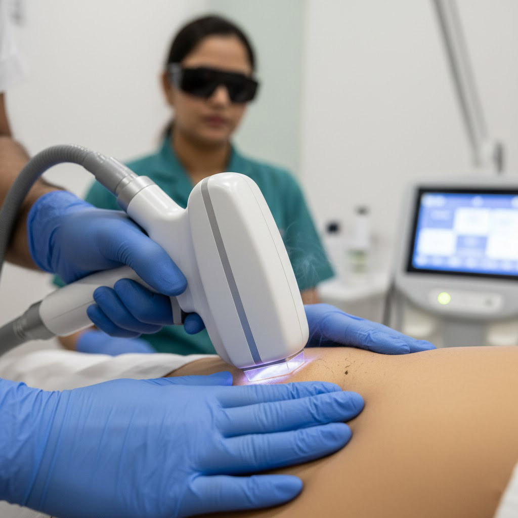 A close-up view of a medical-grade laser hair removal treatment being performed on skin at Dr. Kshitij Saxena’s Skin & Hair Clinic