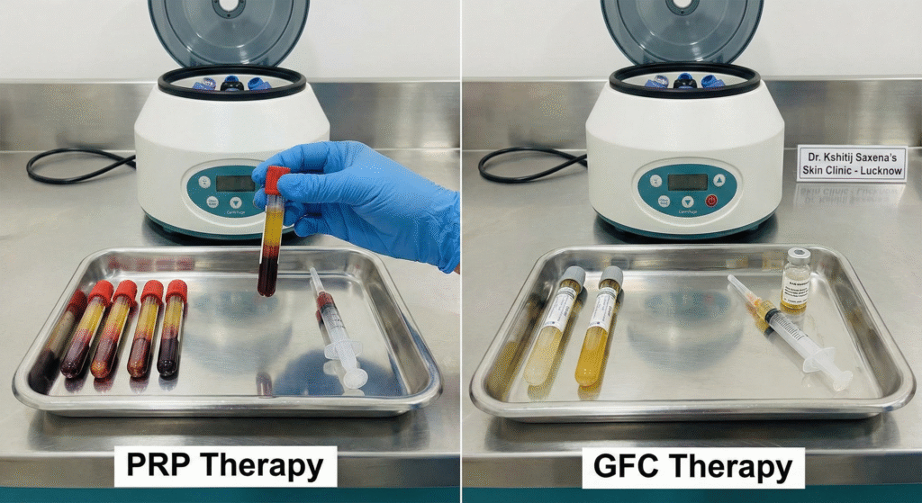 Visual comparison showing the difference between standard PRP plasma tubes and high-concentration GFC growth factor vials for hair loss treatment.