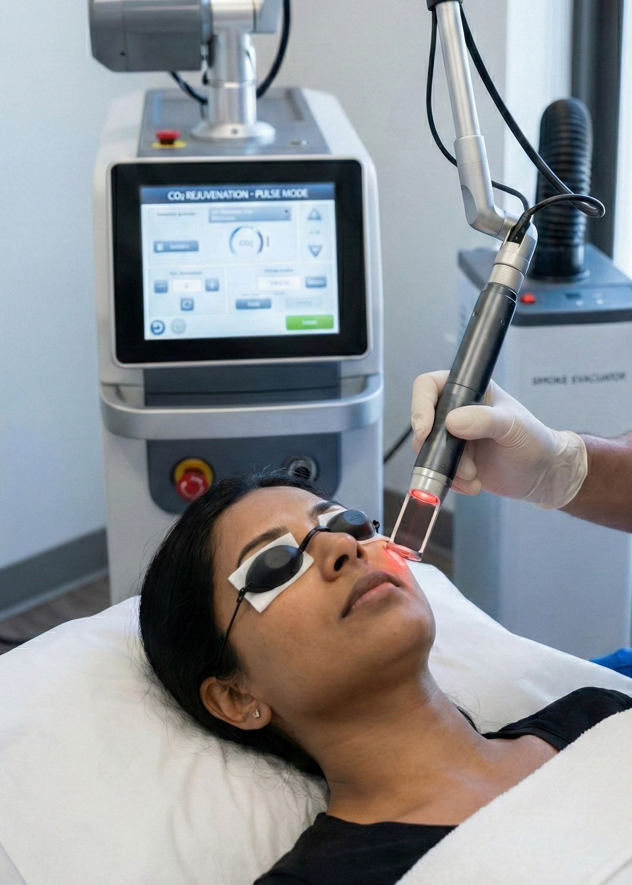 Vertical photo of a fractional CO2 laser skin resurfacing procedure being performed on an Indian female patient at Dr (Prof.) Kshitij Saxena's Skin Clinic in Lucknow.