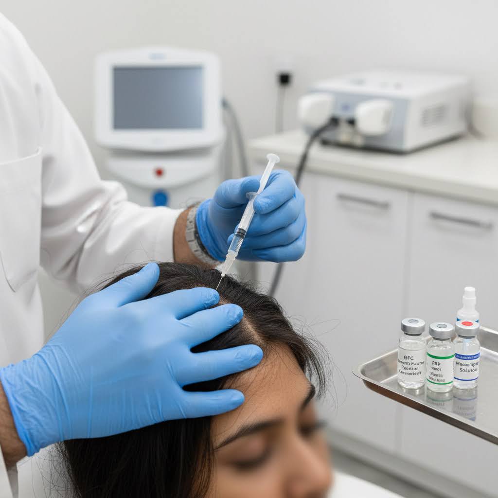 Clinical comparison of GFC, PRP, and Mesotherapy for hair thinning being performed at Dr. Kshitij Saxena's clinic in Lucknow.