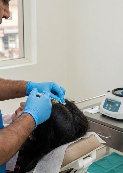 Dr (Prof.) Kshitij Saxena administering PRP hair loss treatment injections to a female patient in Lucknow, with a plasma centrifuge machine in the background.