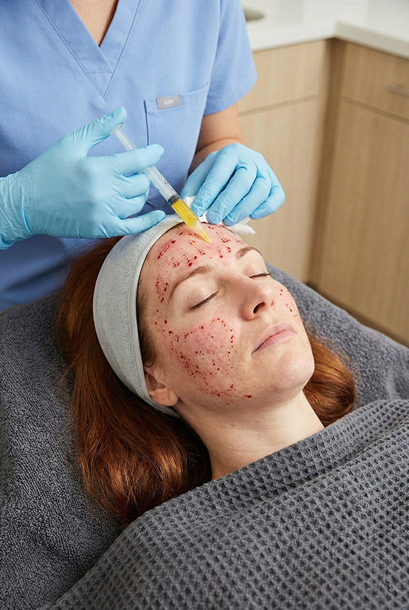 Vampire facial treatment in progress showing PRP injection on the face.