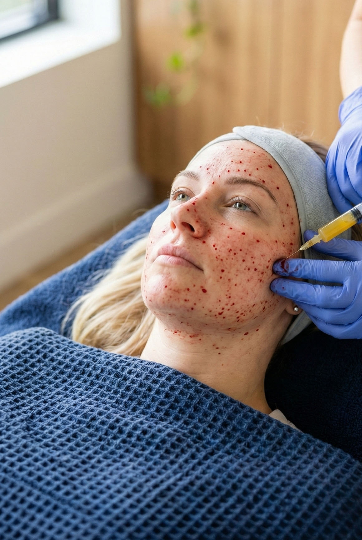 Vertical close-up of a doctor administering a Platelet-Rich Plasma (PRP) injection into a patient's forehead during a vampire facial skin rejuvenation procedure.