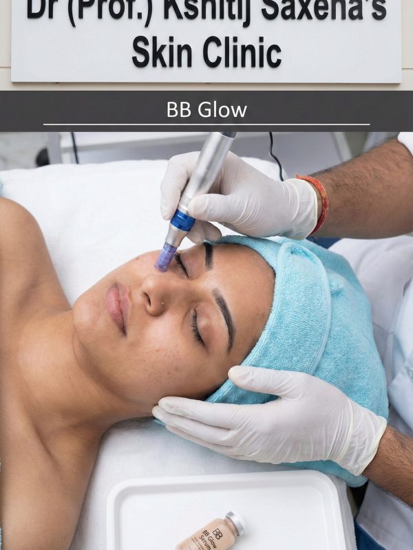 BB Glow microneedling procedure underway at Dr (Prof.) Kshitij Saxena's Skin Clinic, showing doctor applying serum with a pen device to a patient's face.