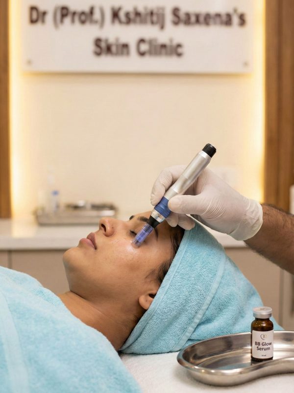 Vertical view of BB Glow treatment in progress at Dr (Prof.) Kshitij Saxena's Skin Clinic, showing a doctor performing microneedling facial rejuvenation on a patient.
