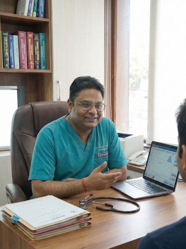 dr professor kshitij saxena consulting at his office