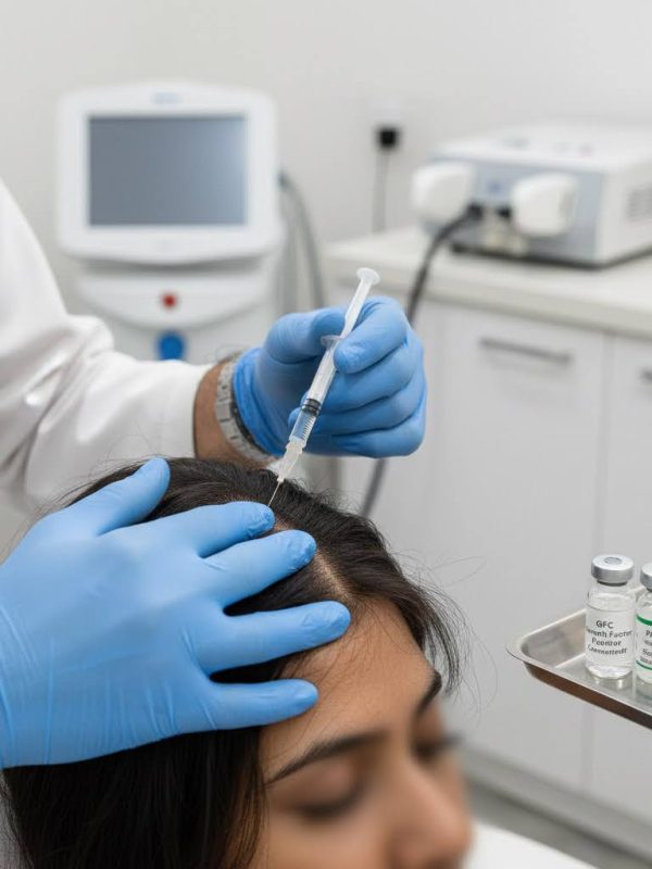 Clinical comparison of GFC, PRP, and Mesotherapy for hair thinning being performed at Dr. Kshitij Saxena's clinic in Lucknow.