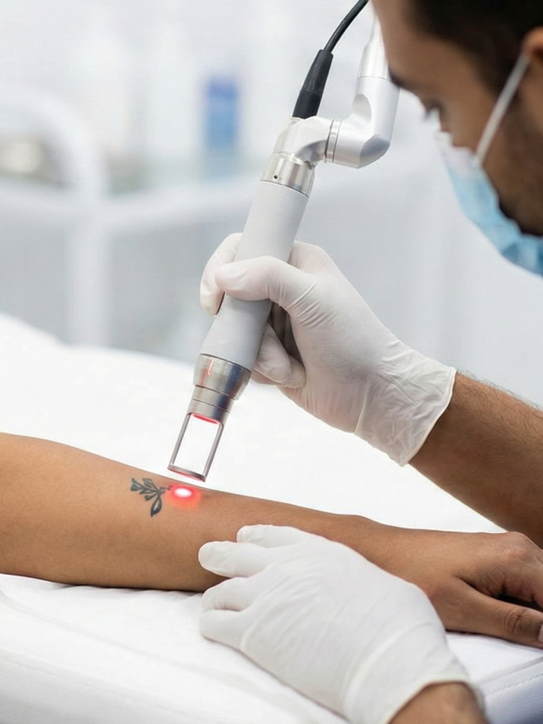Close-up of laser tattoo removal procedure on a patient's forearm using advanced laser technology at Dr. Kshitij Saxena's Skin Clinic