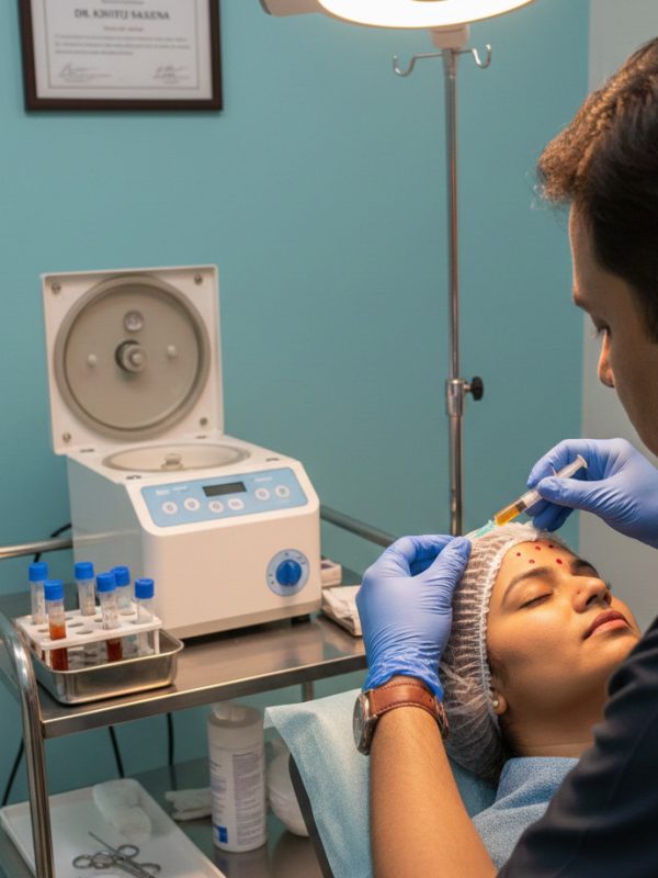 Professional PRP hair treatment being performed by an Indian doctor for an Indian patient in a clinical setting, featuring a medical centrifuge and sterile equipment.