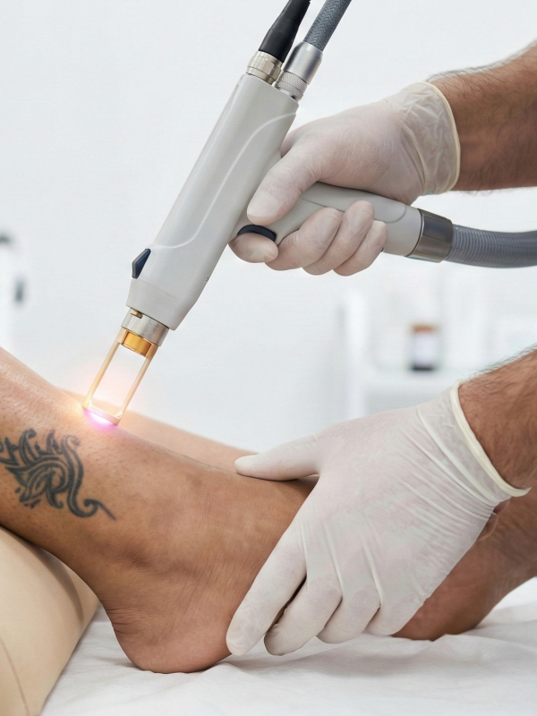 Professional laser tattoo removal session in progress showing the fading of black ink on the leg without scarring